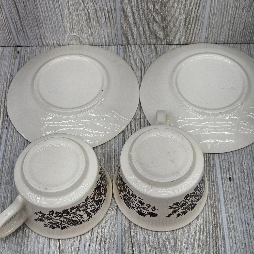 Royal China Sussex Cavalier Ironstone Brown Floral Tea Cups and Saucers Set of 2